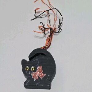 Wooden Black Cat Kitten Hand Crafted Painted Halloween Fall Folk Art Decor